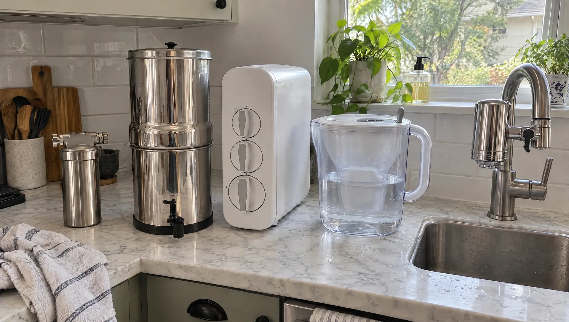 Plusieurs systèmes de filtration d’eau posés sur un plan de travail de cuisine
