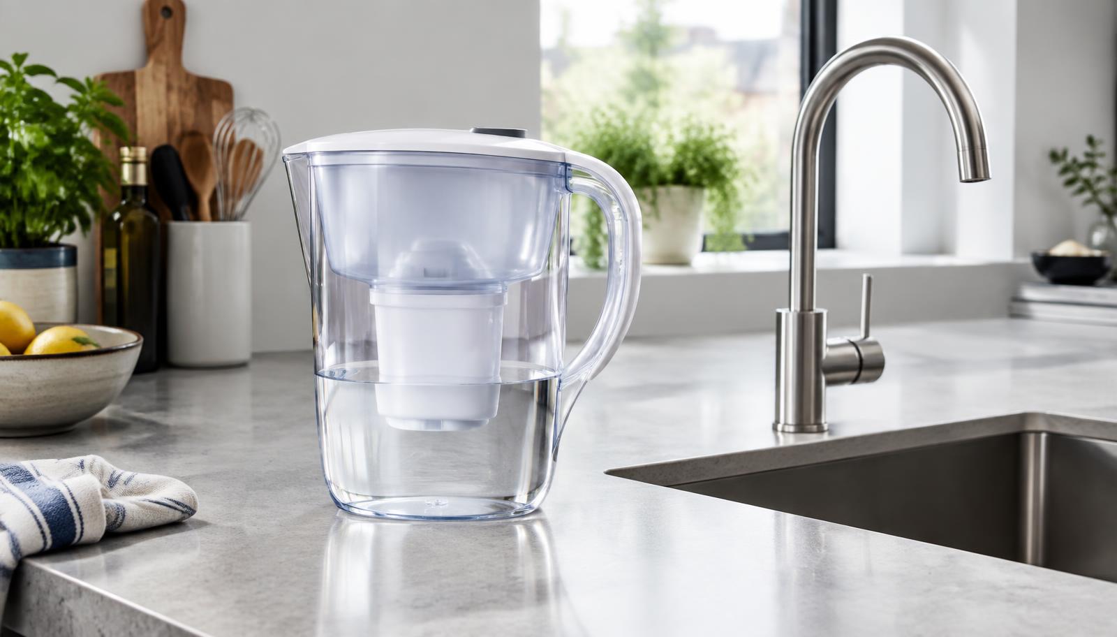 Carafe filtrante en plastique sur un plan de travail de cuisine