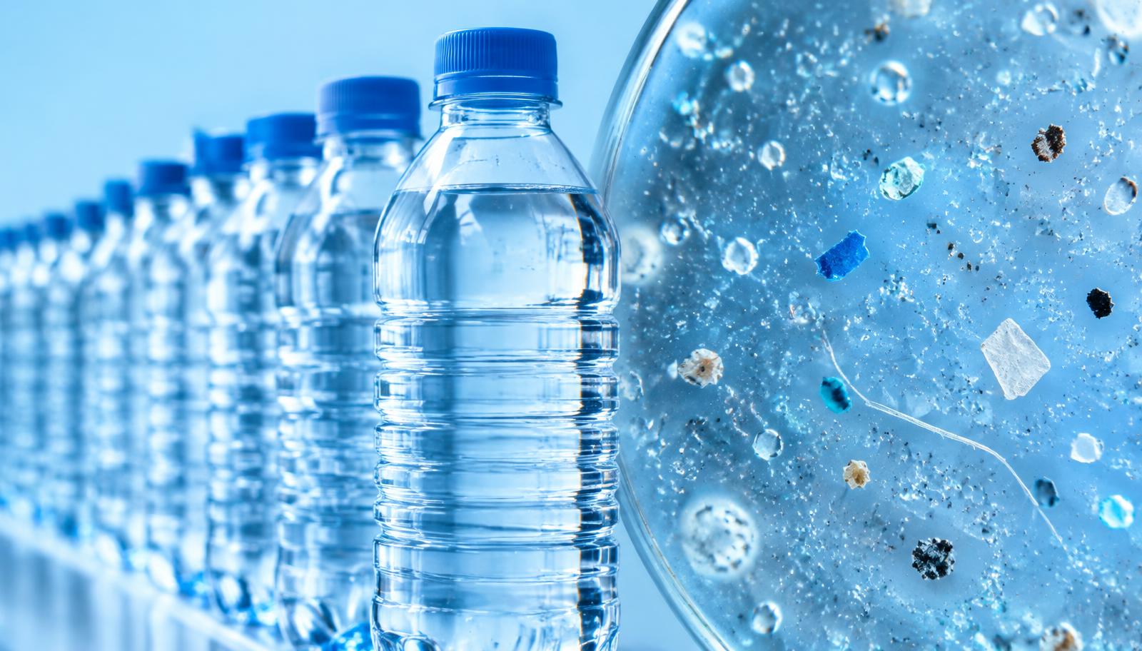 Bouteilles d'eau en plastique et particules de microplastiques vues au microscope