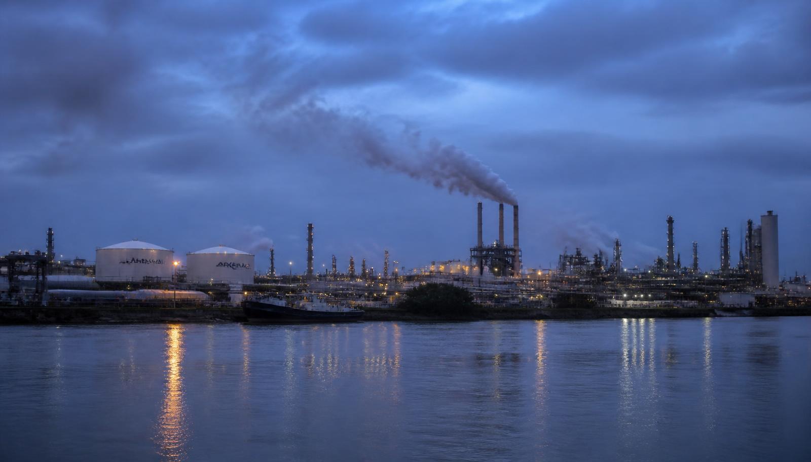 Site industriel chimique en bord de fleuve au crépuscule